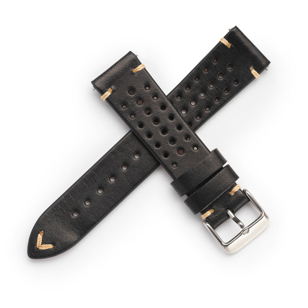 20mm 22mm Quick Release Rally Racing Leather Watch Strap - Black