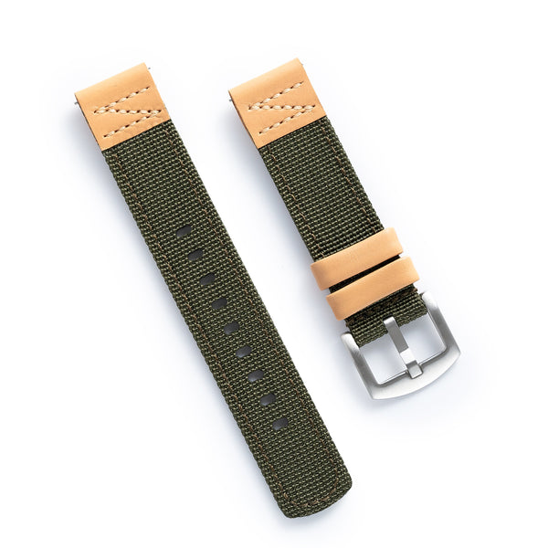 18mm 20mm 22mm Quick Release Green Nylon & Brown Leather Field Watch Band