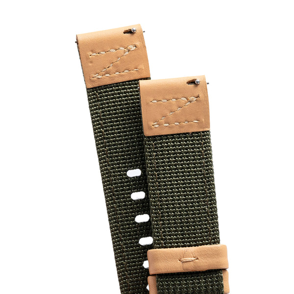 18mm 20mm 22mm Quick Release Green Nylon & Brown Leather Field Watch Band