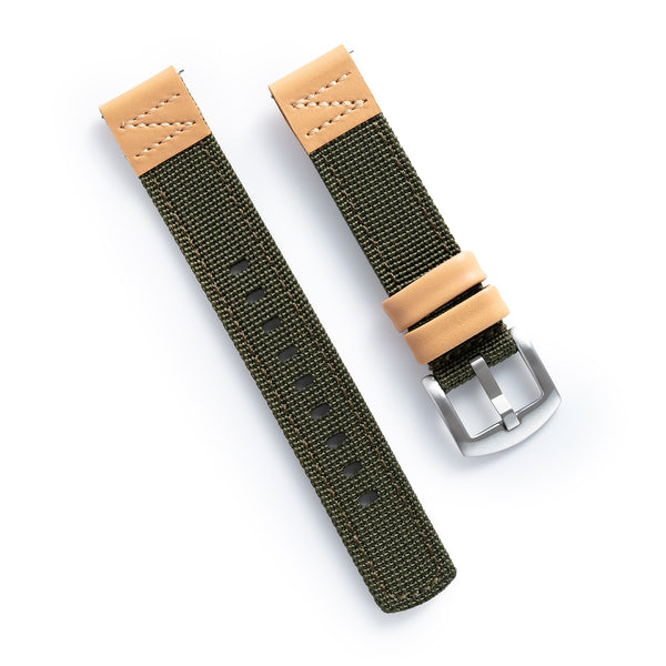 18mm 20mm 22mm Quick Release Green Nylon & Brown Leather Field Watch Band