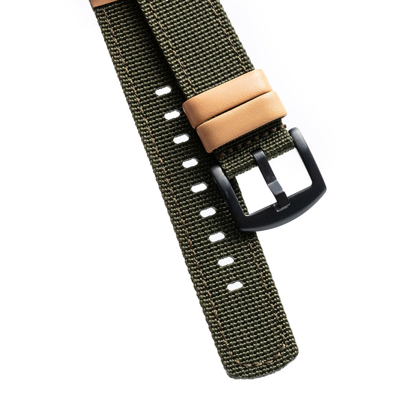 18mm 20mm 22mm Quick Release Green Nylon & Brown Leather Field Watch Band