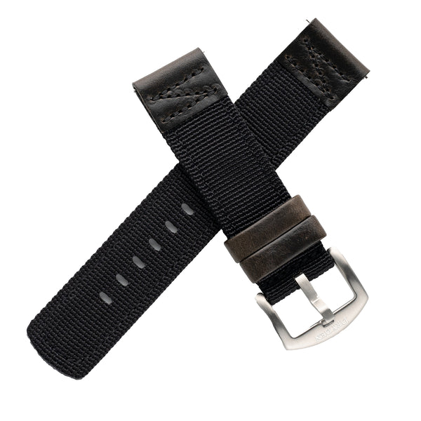 18mm 20mm 22mm Quick Release Black Nylon & Leather Field Watch Band
