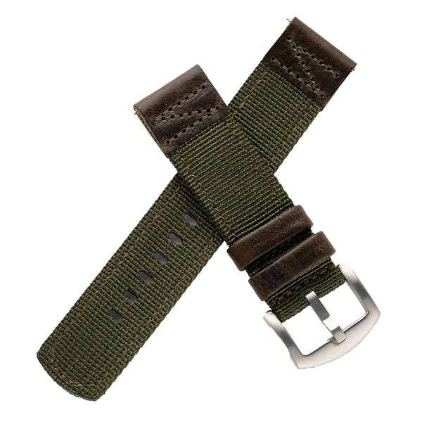 18mm 20mm 22mm Quick Release Green Nylon & Brown Leather Field Watch Band