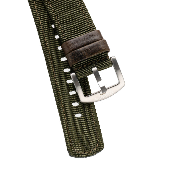 18mm 20mm 22mm Quick Release Green Nylon & Brown Leather Field Watch Band