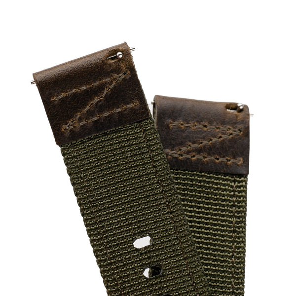 18mm 20mm 22mm Quick Release Green Nylon & Brown Leather Field Watch Band