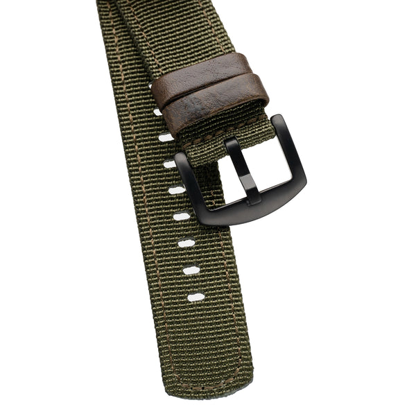 18mm 20mm 22mm Quick Release Green Nylon & Brown Leather Field Watch Band