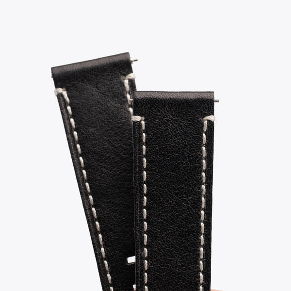 20mm 22mm Quick Release Handmade Leather Watch Strap - Black Full Stitch