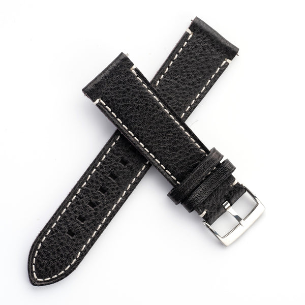 20mm 22mm Quick Release Handmade Leather Watch Strap - Black Full Stitch