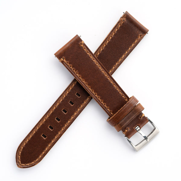 20mm 22mm Quick Release Handmade Leather Watch Strap - Dark Brown Full Stitch