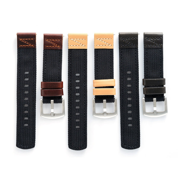 18mm 20mm 22mm Quick Release Black Nylon & Leather Field Watch Band