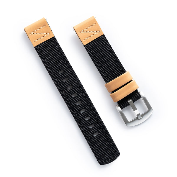 18mm 20mm 22mm Quick Release Black Nylon & Leather Field Watch Band