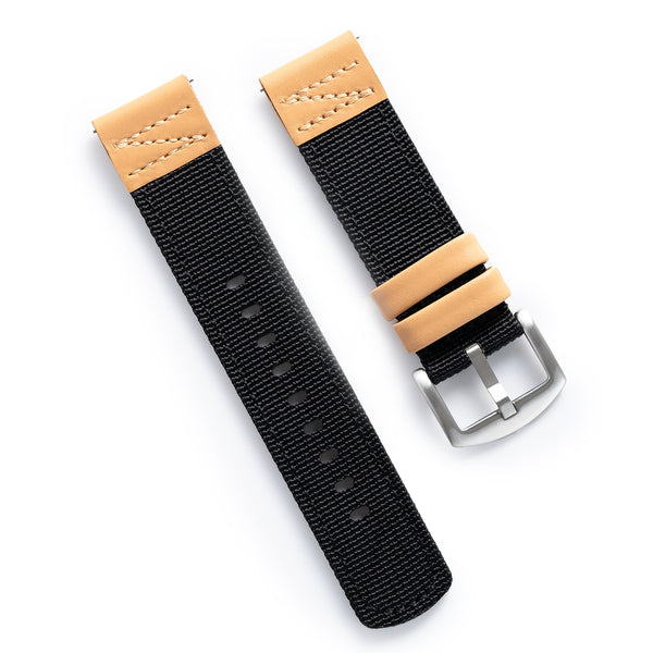 18mm 20mm 22mm Quick Release Black Nylon & Leather Field Watch Band
