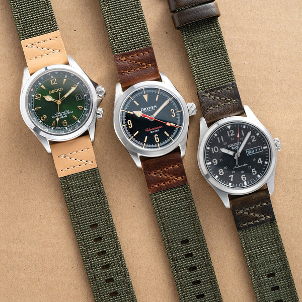 18mm 20mm 22mm Quick Release Green Nylon & Brown Leather Field Watch Band