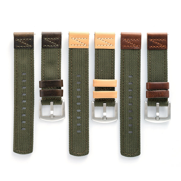18mm 20mm 22mm Quick Release Green Nylon & Brown Leather Field Watch Band