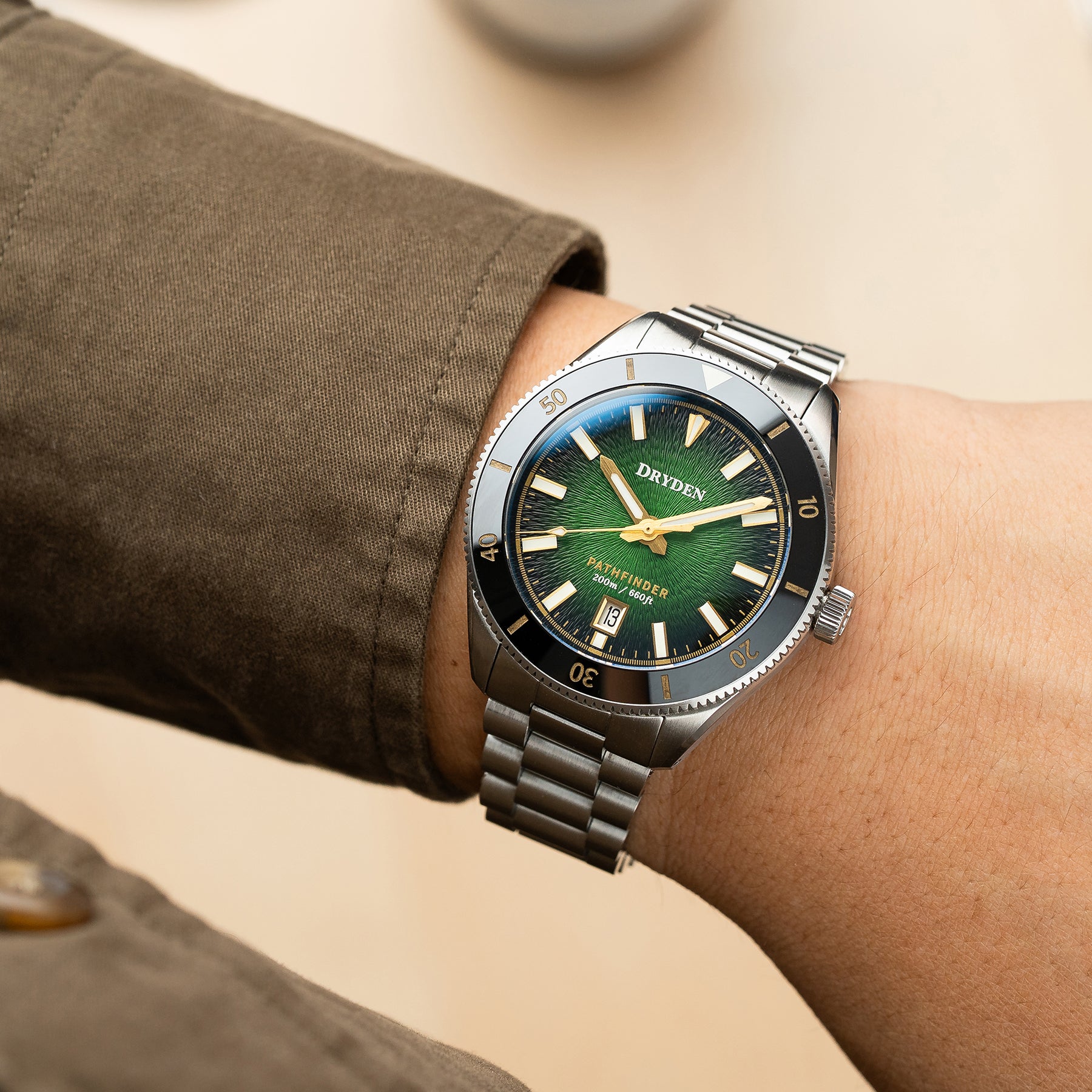 Dryden Pathfinder 41mm 200M Automatic Dive Watch - Green & Gold